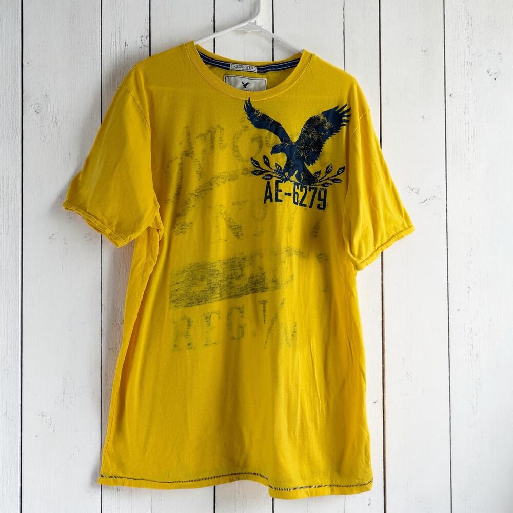 American Eagle Graphic T Shirt Yellow Eagle Logo 100% Cotton Size L Y2K